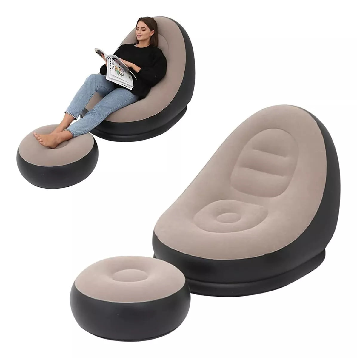 Sofa Tumbona Inflable + Puff Reposa Pies Inflable Portatil