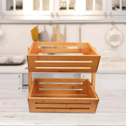 Frutero De Mesa Cesta 2 Niveles Organizador Madera Bambu