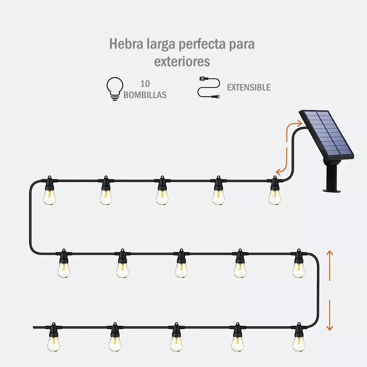 Guirnalda Con Panel Solar Con 10 Ampolletas Led Vintage