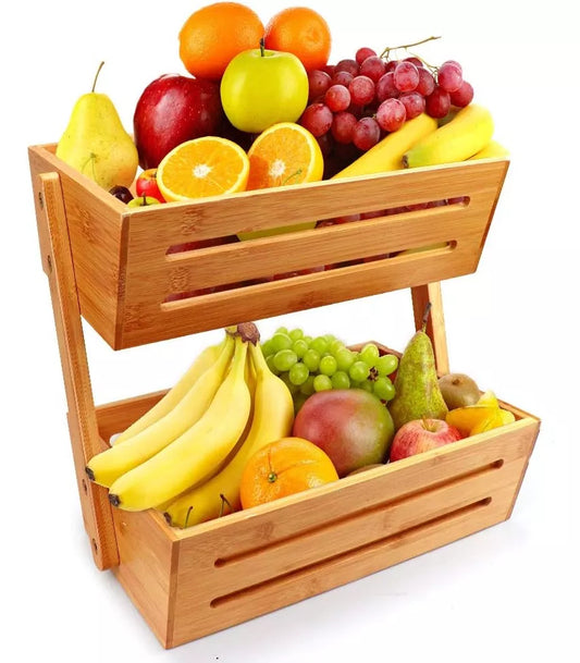 Frutero De Mesa Cesta 2 Niveles Organizador Madera Bambu